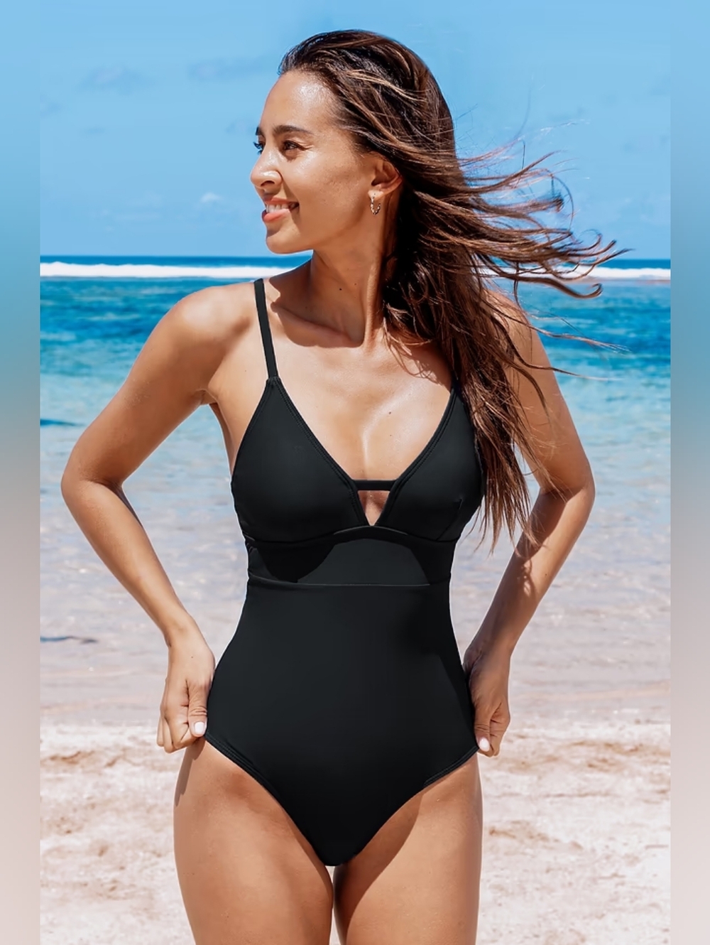 Cupshe Textured Black V-Neck Strappy One-Piece Swimsuit Size S